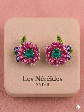 Les Néréides Pink Floral Stud Earrings Stud Crystal Flower Earrings